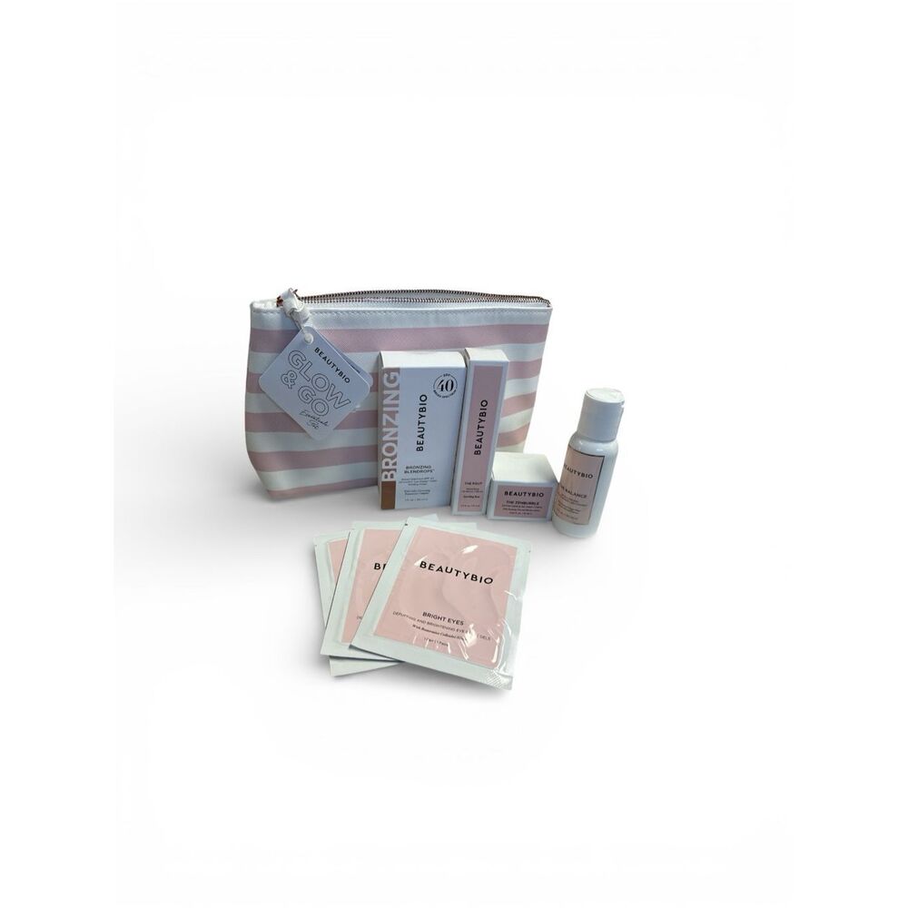 BeautyBio Glow & Go Skincare Set Bronzing‎ Drops SPF 40 Eye Gels Bag